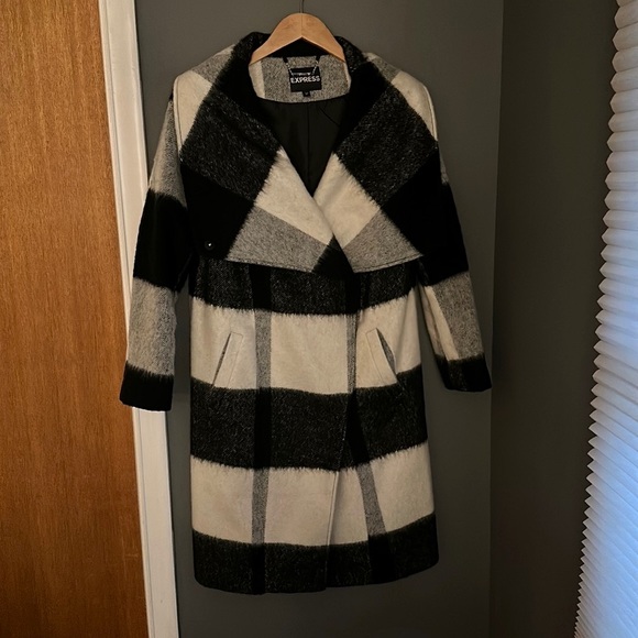 Black and White Check Wool Blend Topcoat from Express - Picture 1 of 10